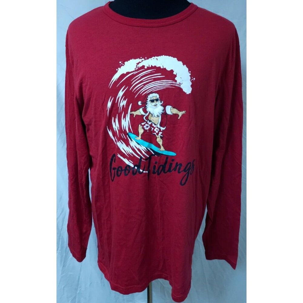 NORTH POLE Mens LT Red Surfing Santa Good Tiding Hawaiian Long Sleeve T-Shirt
